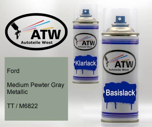 Ford, Medium Pewter Gray Metallic, TT / M6822: 400ml Sprühdose + 400ml Klarlack - Set, von ATW Autoteile West.